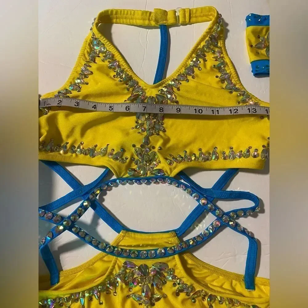Custom Solo Dance Costume Yellow Blue Rhinestone Jazz Costume MA-Medium adult